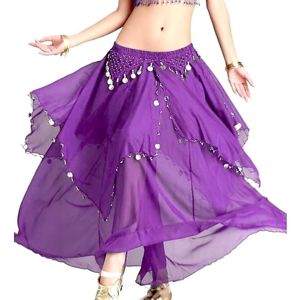 Women Purple Imported Chiffon Belly Dance Costume Indian Dance Skirt with Coins